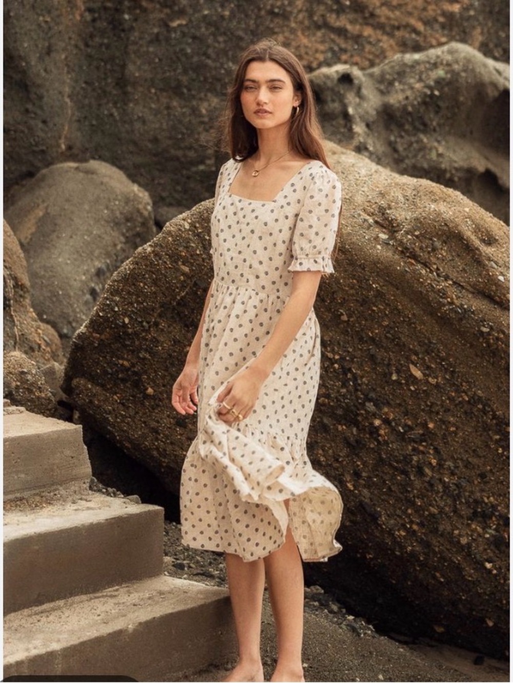 Böhme Cream Blue Dot Cotton Midi Dress Size M Puff Sleeve Cottagecore